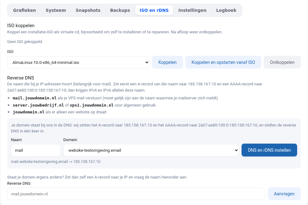 Der Tab ISO und rDNS mit dem Bereich Reverse DNS